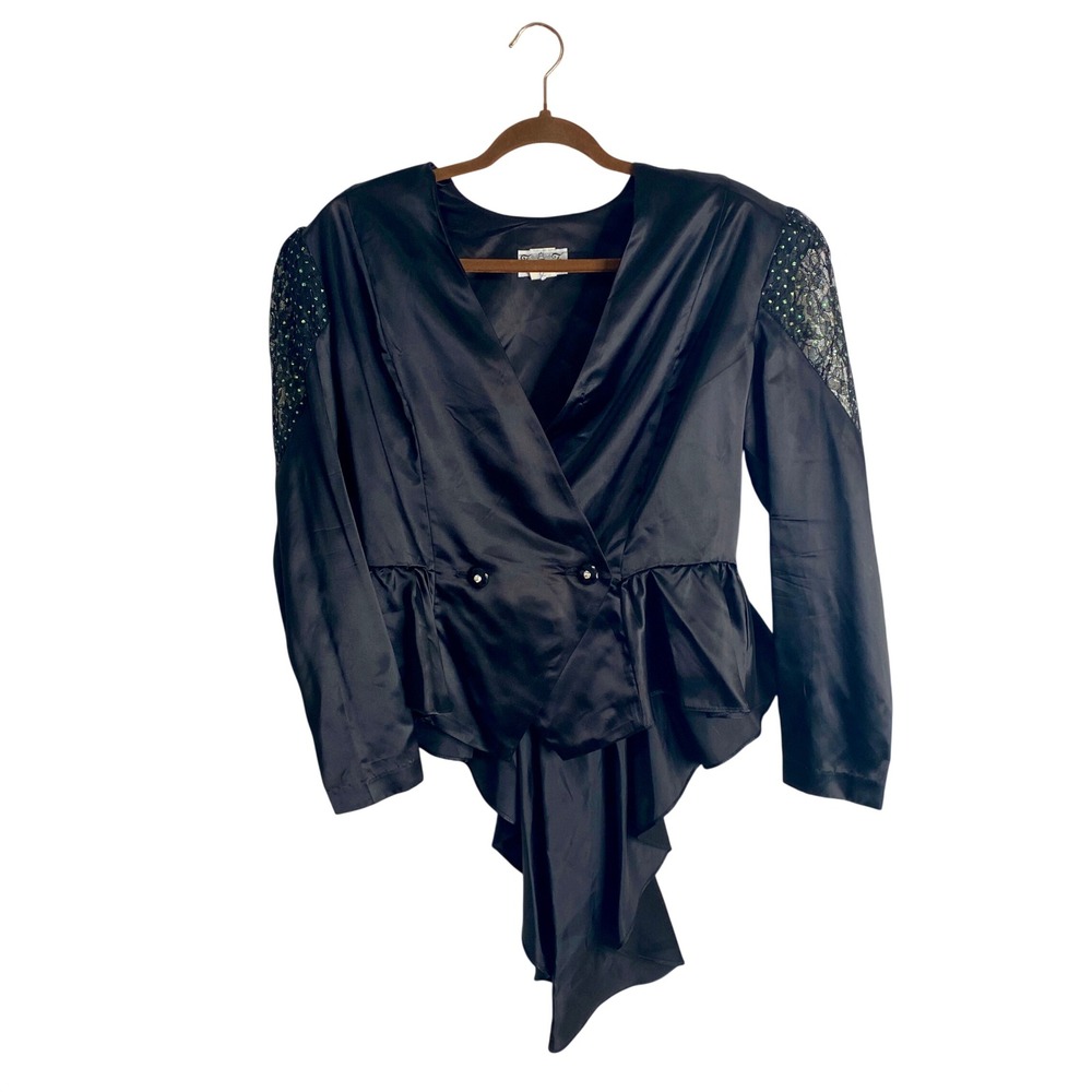 Vintage 80s Black Satin Lace Peplum Top Bow Back Goth Evening Blouse USA